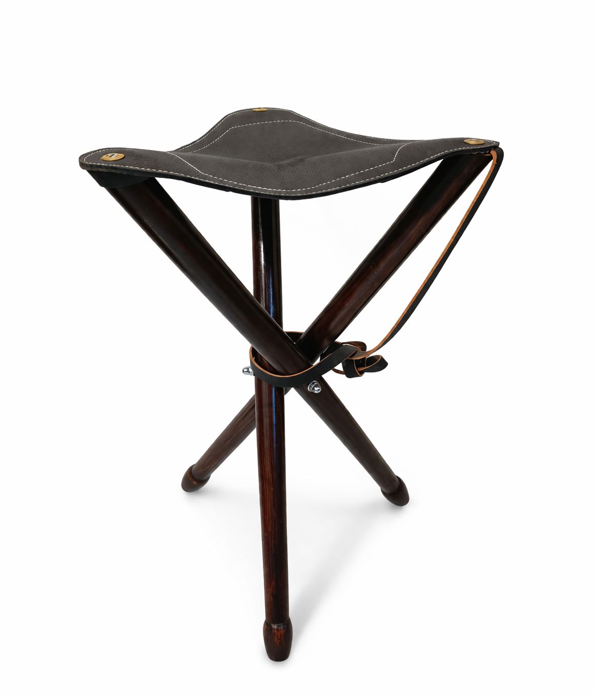 The Heritage Dark Leather & Wood Tripod Stool